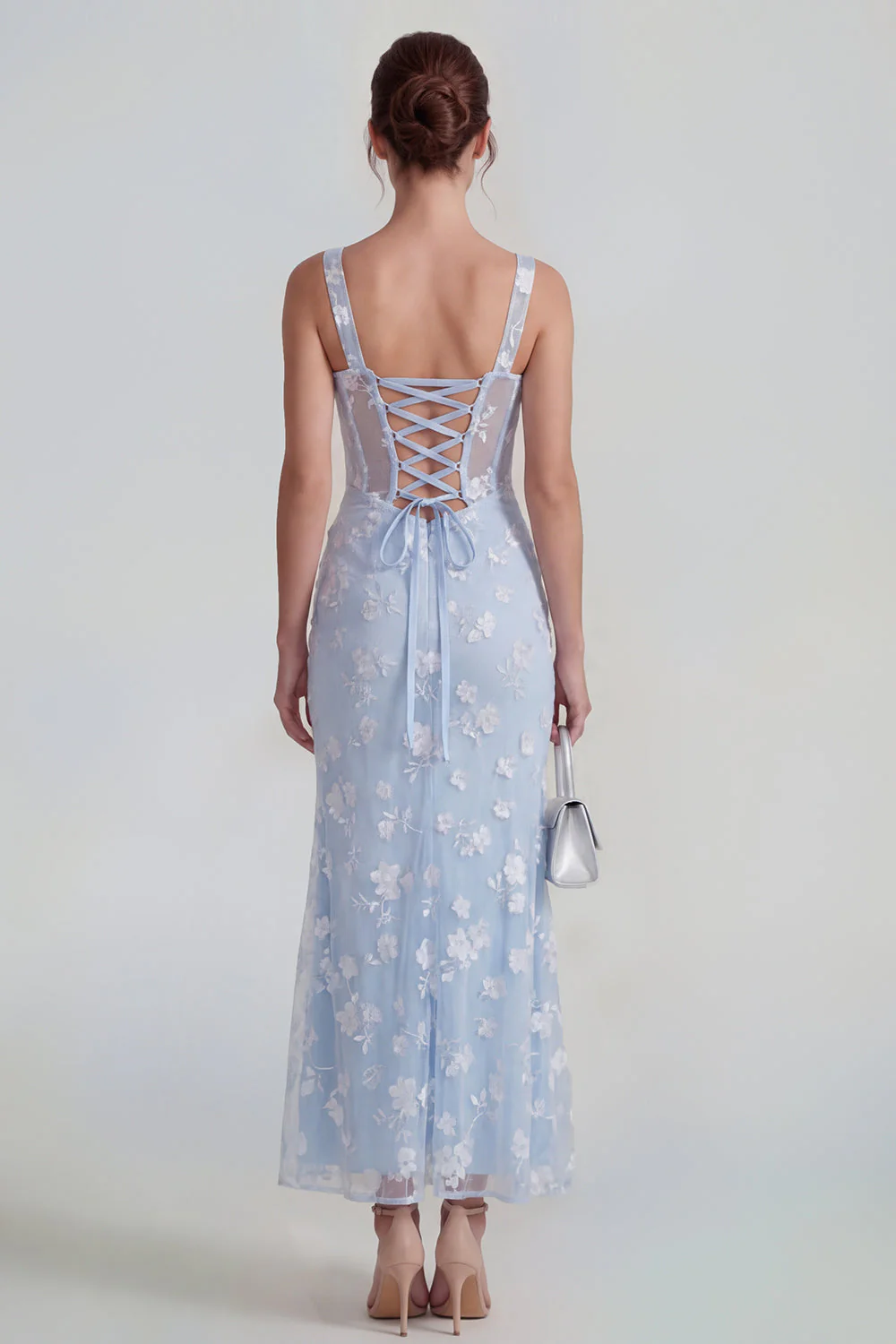 Lilac Sheath Sheer Corset Square Neck Midi Floral Dress with Lace Up Back - Image 6