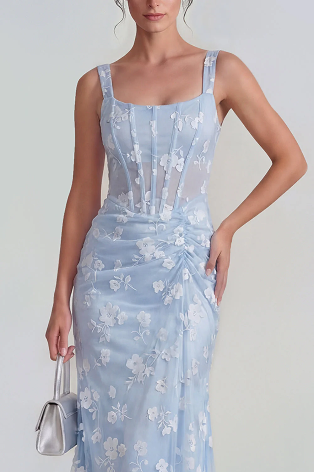 Lilac Sheath Sheer Corset Square Neck Midi Floral Dress with Lace Up Back - Image 7