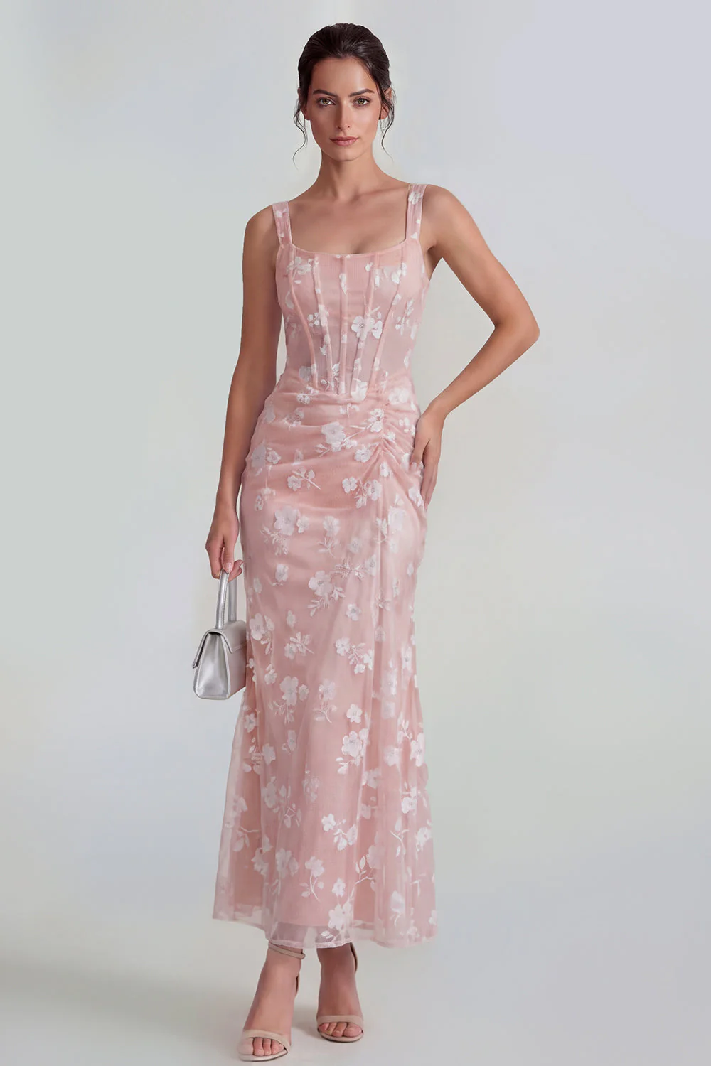 Lilac Sheath Sheer Corset Square Neck Midi Floral Dress with Lace Up Back - Image 9
