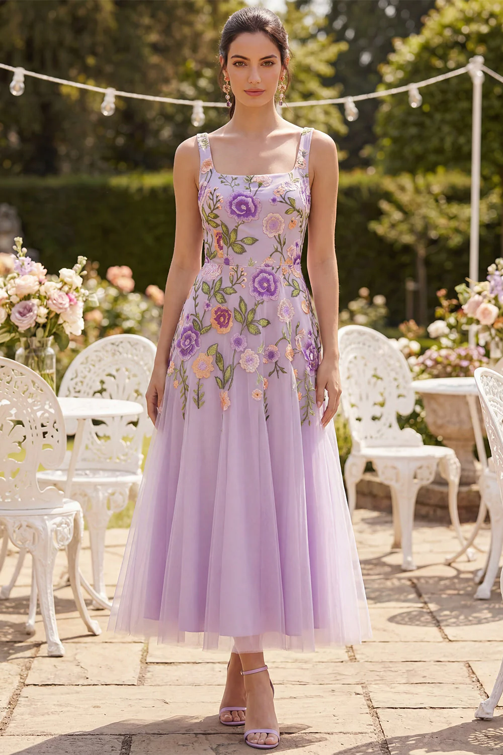 Lilac Tulle A-Line Embroidered Square Neck Floral Midi Dress