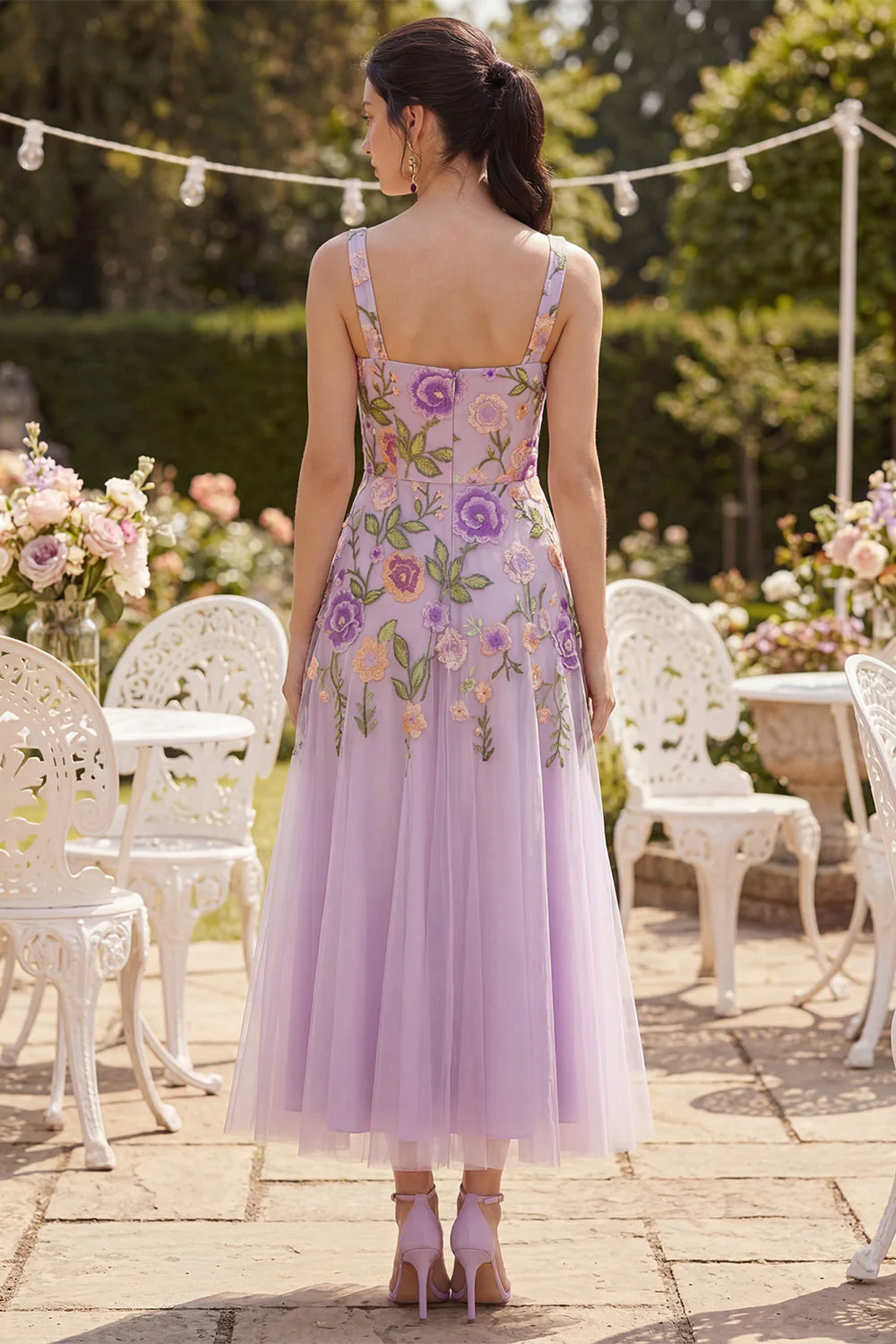 Lilac Tulle A-Line Embroidered Square Neck Floral Midi Dress - Image 2