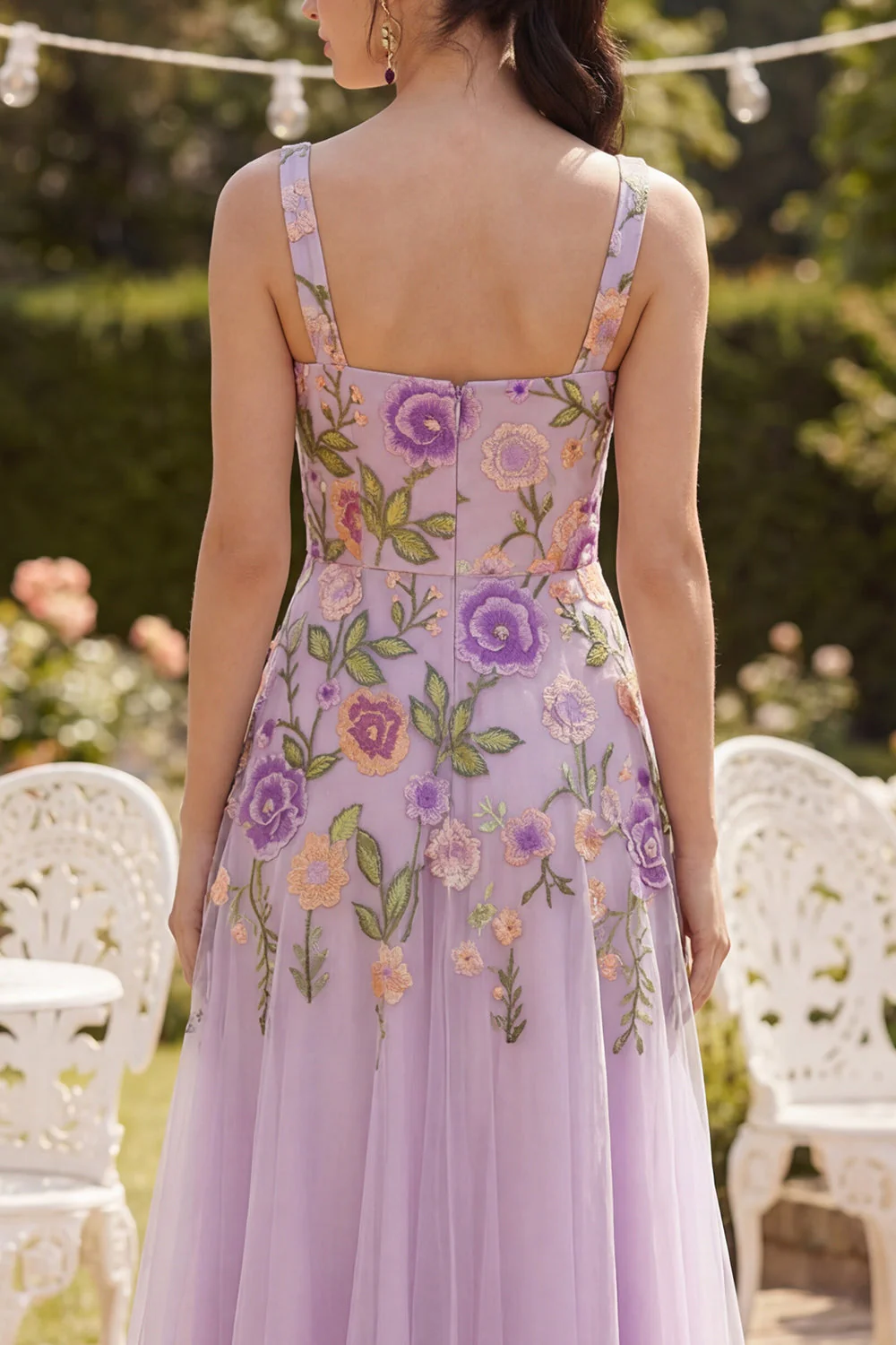 Lilac Tulle A-Line Embroidered Square Neck Floral Midi Dress - Image 4