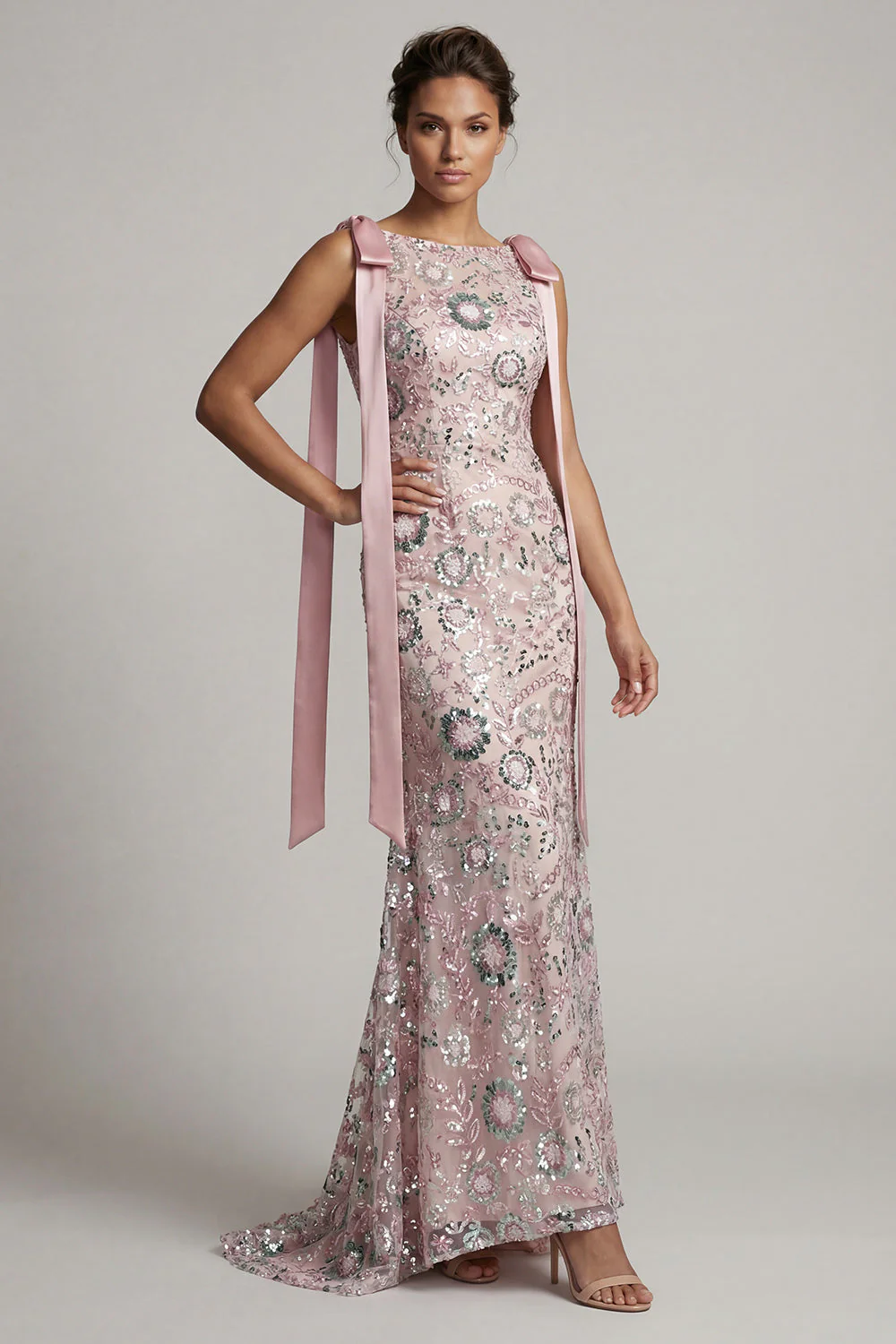 Sparkly Pink Boat Neck Mermaid Long Mother of the Bride Dress with Bows