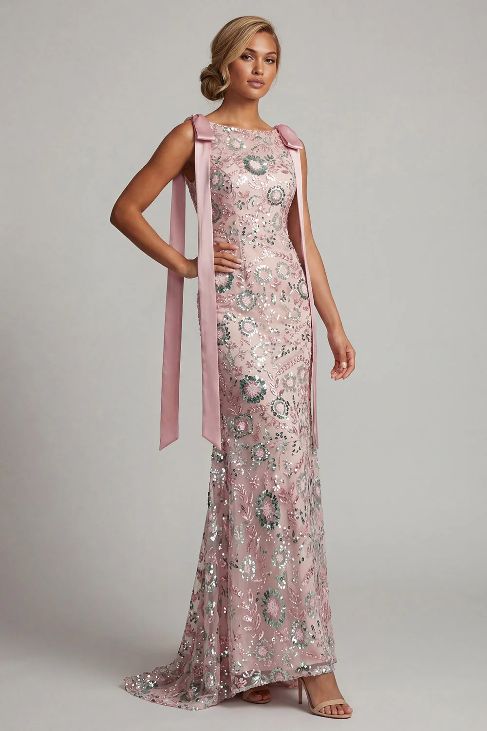 Sparkly Pink Boat Neck Mermaid Long Mother of the Bride Dress with Bows - Image 3