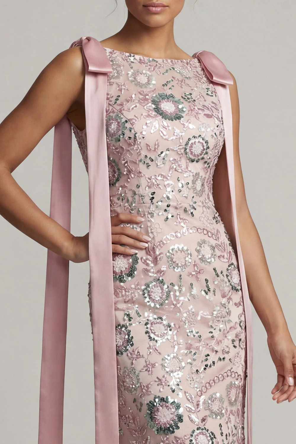 Sparkly Pink Boat Neck Mermaid Long Mother of the Bride Dress with Bows - Image 4