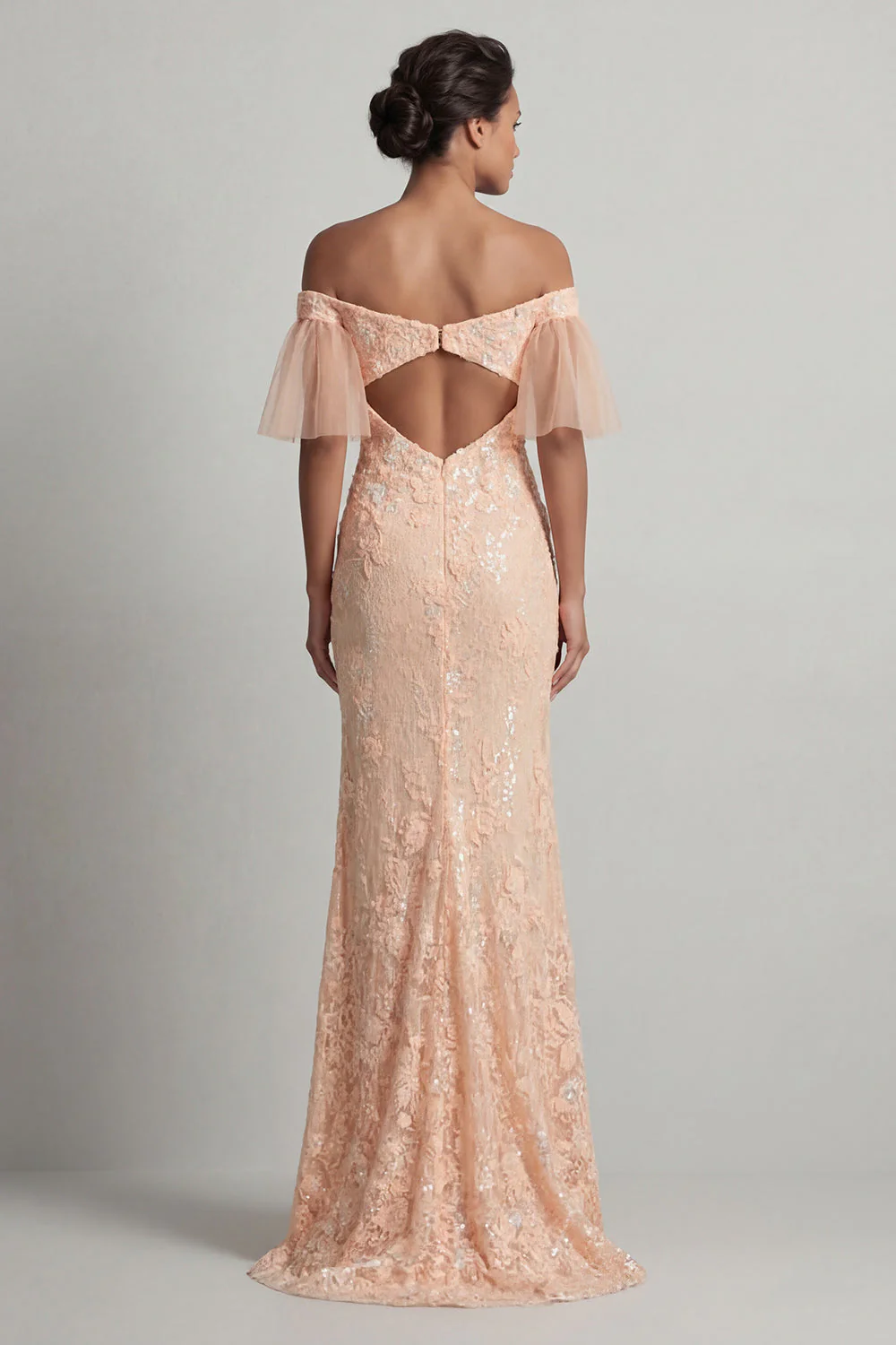 Peach Floral Mermaid Off The Shoulder Mother of the Bride Dress with Slit - Image 2