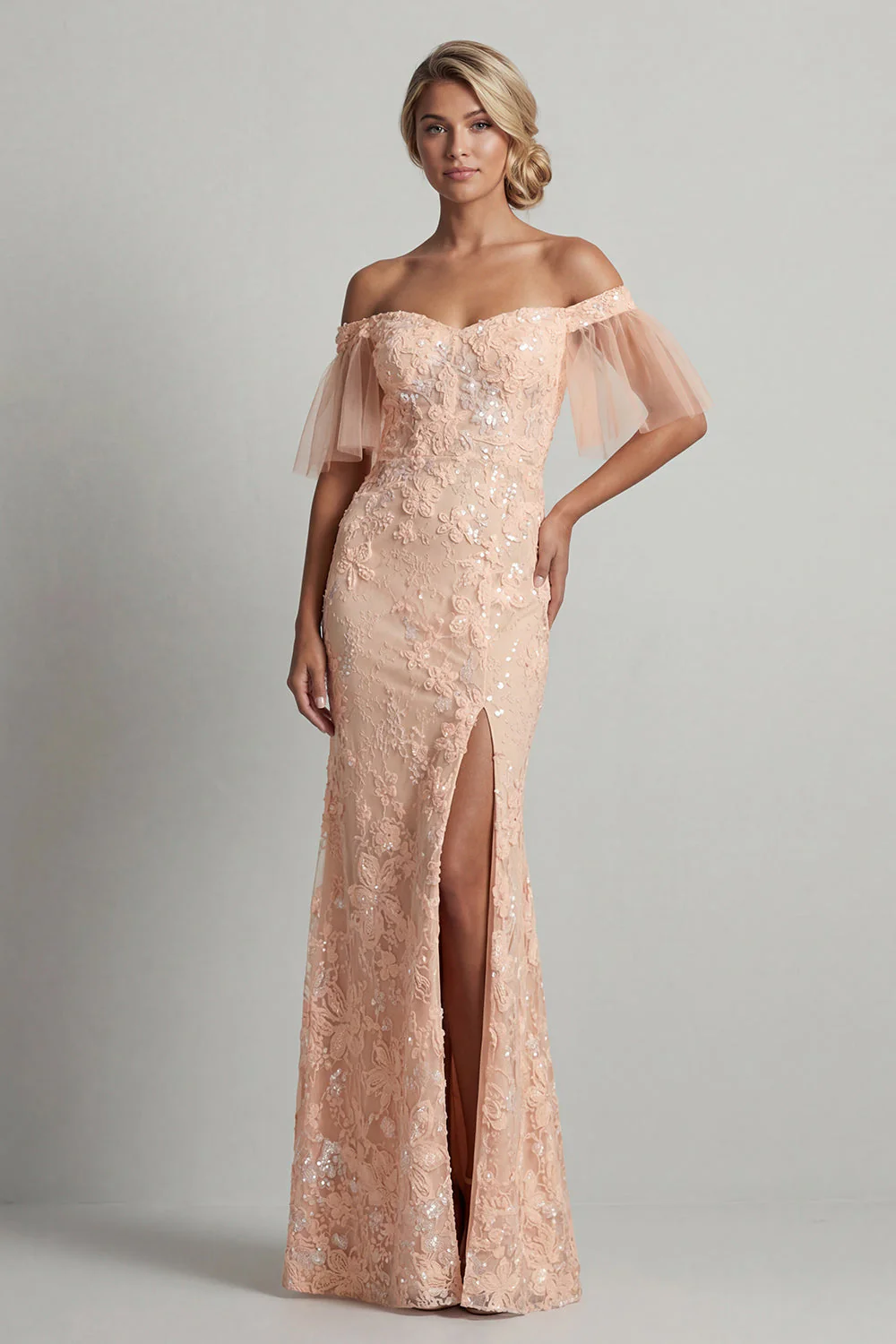 Peach Floral Mermaid Off The Shoulder Mother of the Bride Dress with Slit - Image 3