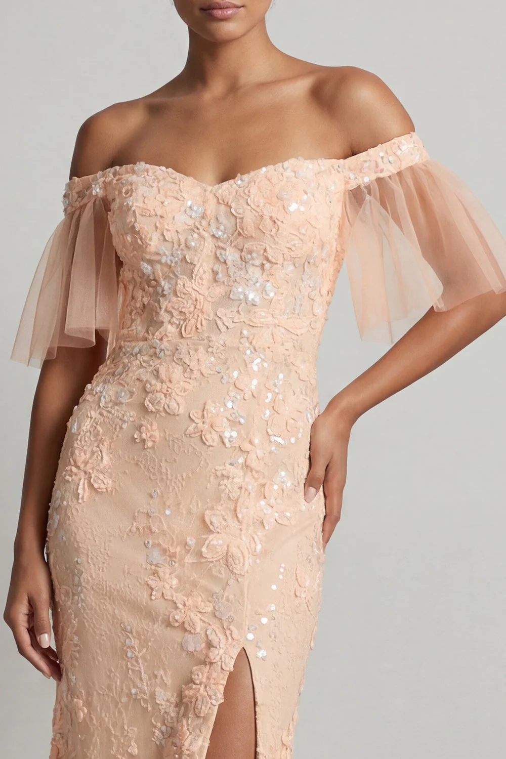 Peach Floral Mermaid Off The Shoulder Mother of the Bride Dress with Slit - Image 4