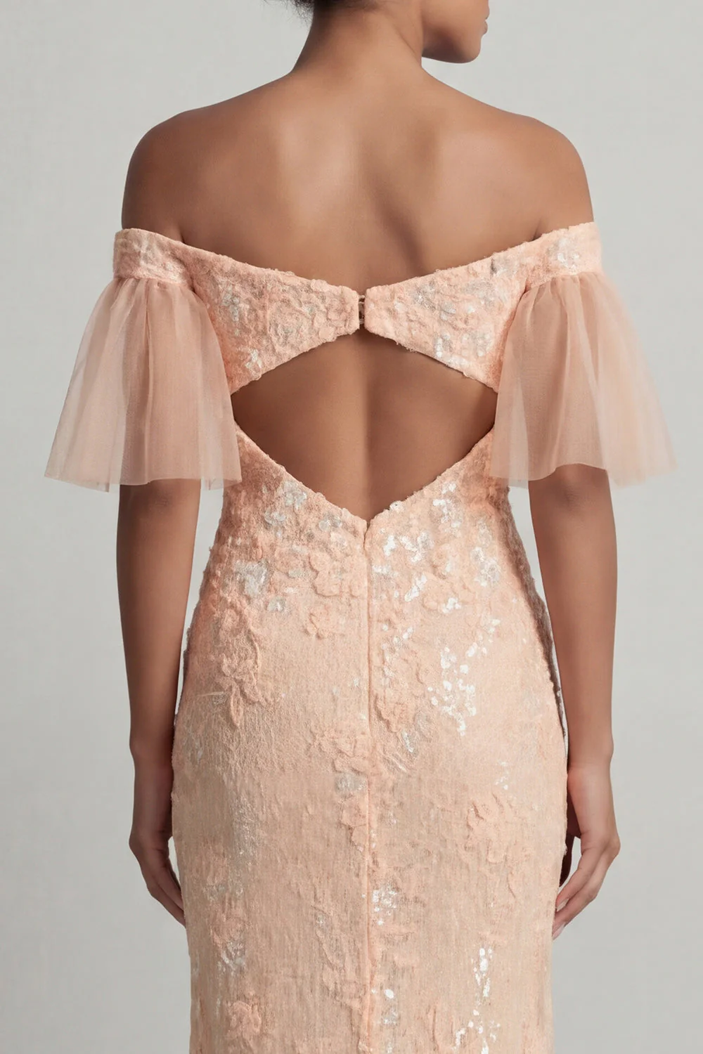 Peach Floral Mermaid Off The Shoulder Mother of the Bride Dress with Slit - Image 5