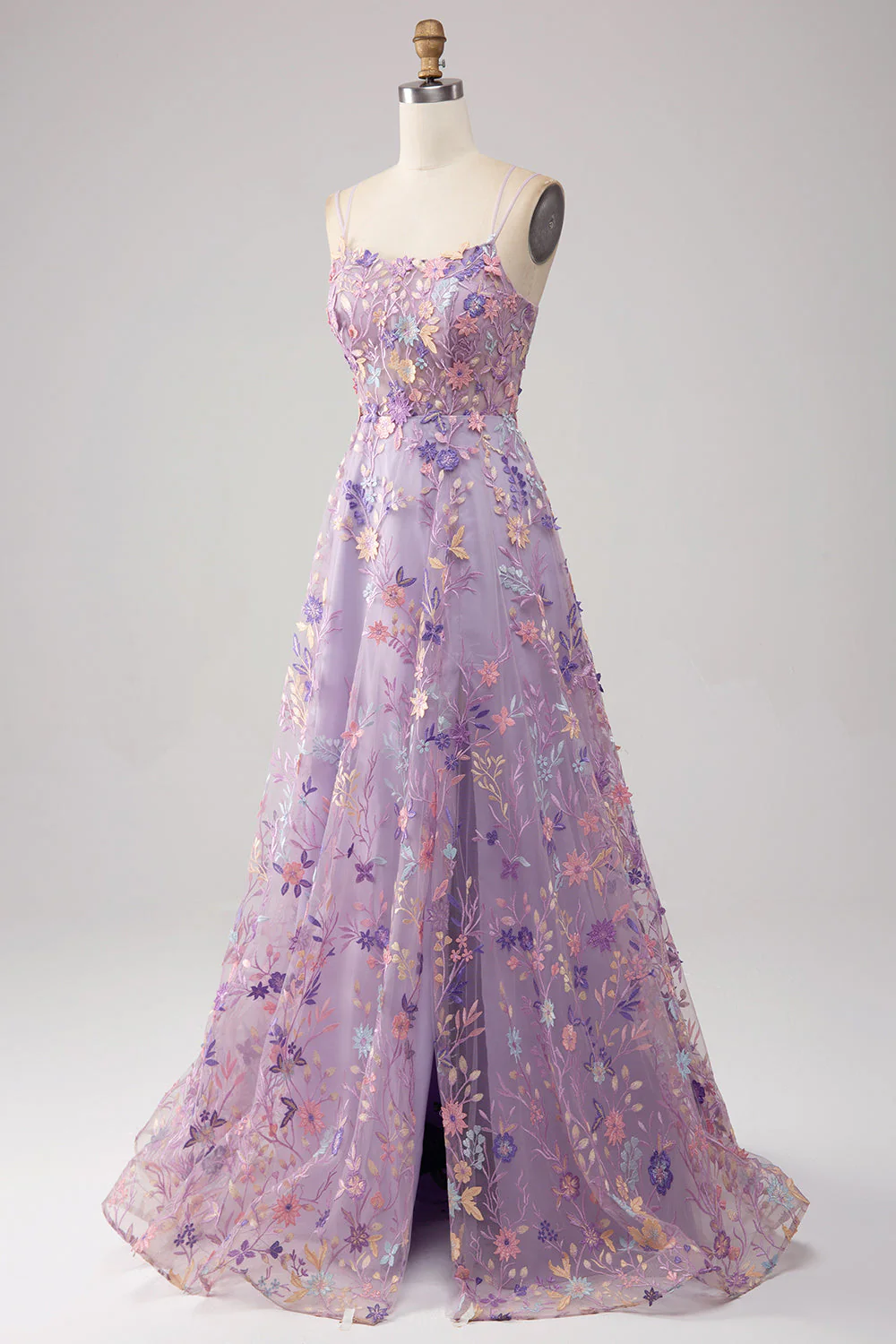 Mauve A-Line Spaghetti Straps Long Prom Dress with Appliques - Image 3