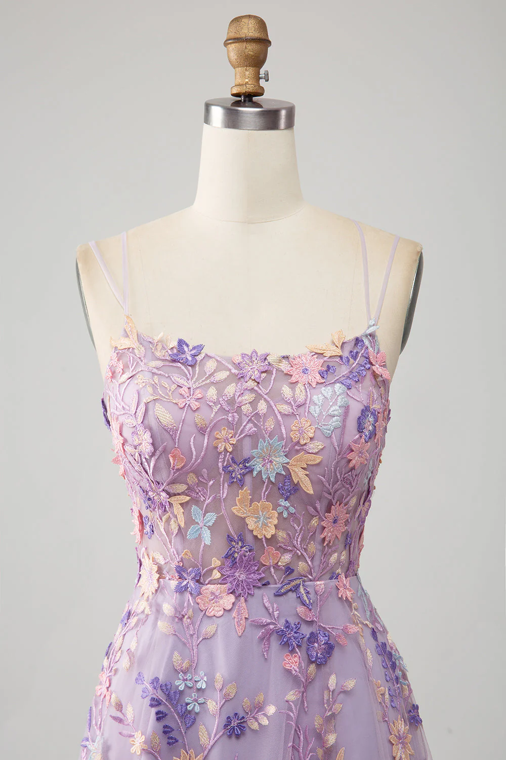Mauve A-Line Spaghetti Straps Long Prom Dress with Appliques - Image 4