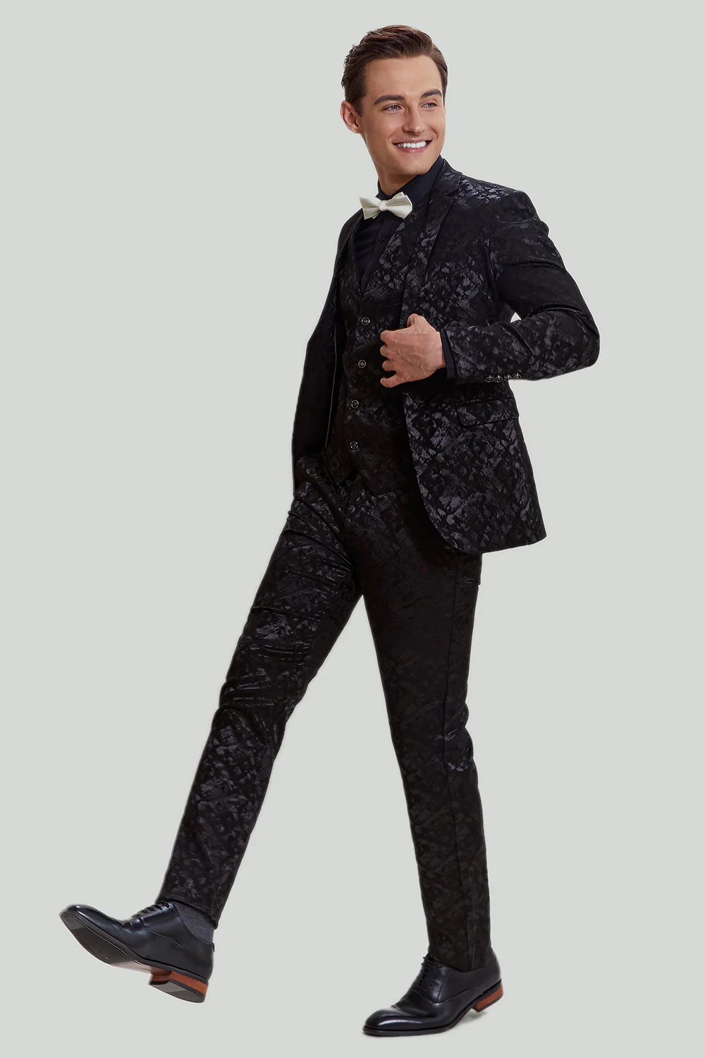 Men's Black 3-piece Jacquard Jacket Vest Pants Suit - Image 4
