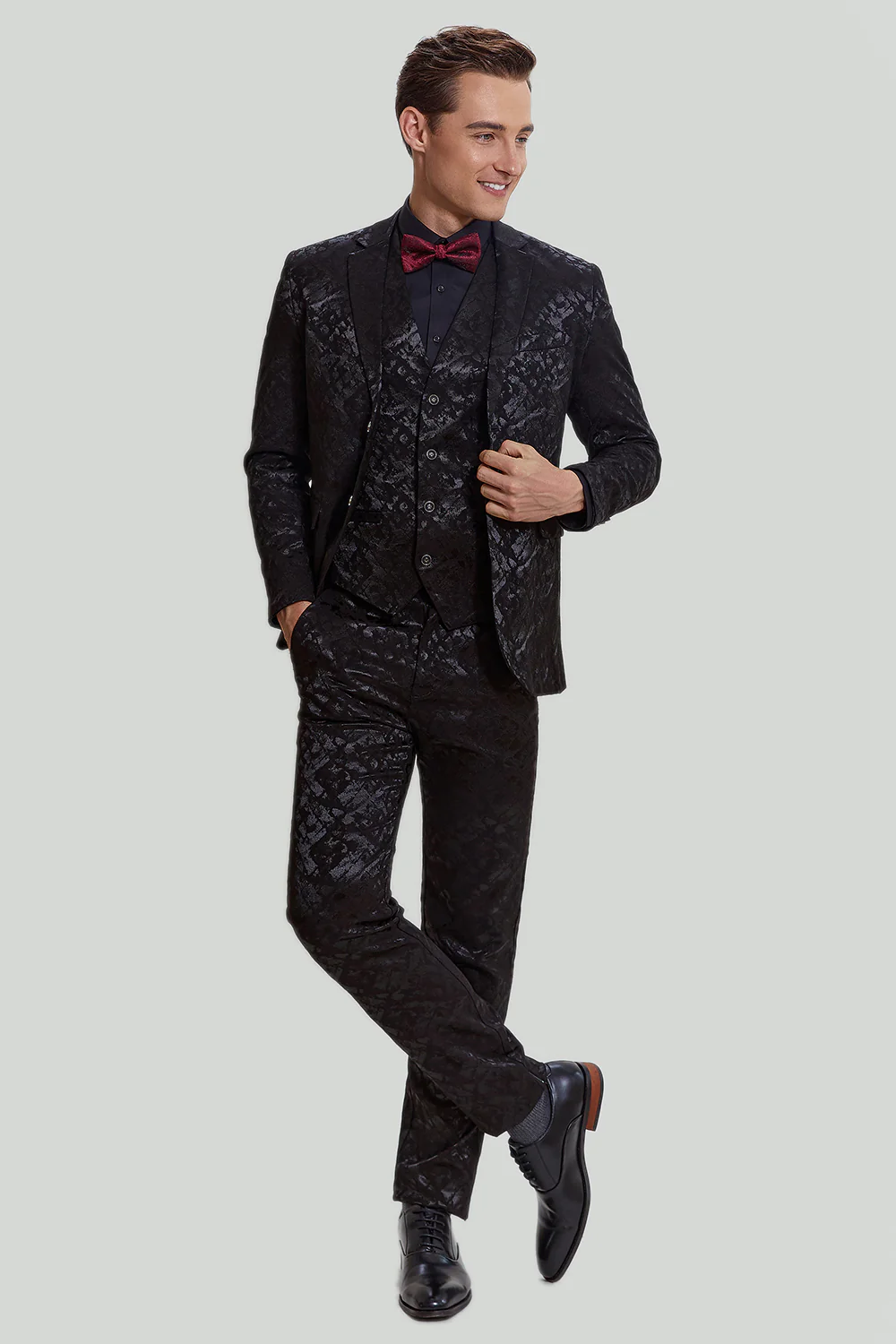 Men's Black 3-piece Jacquard Jacket Vest Pants Suit - Image 6