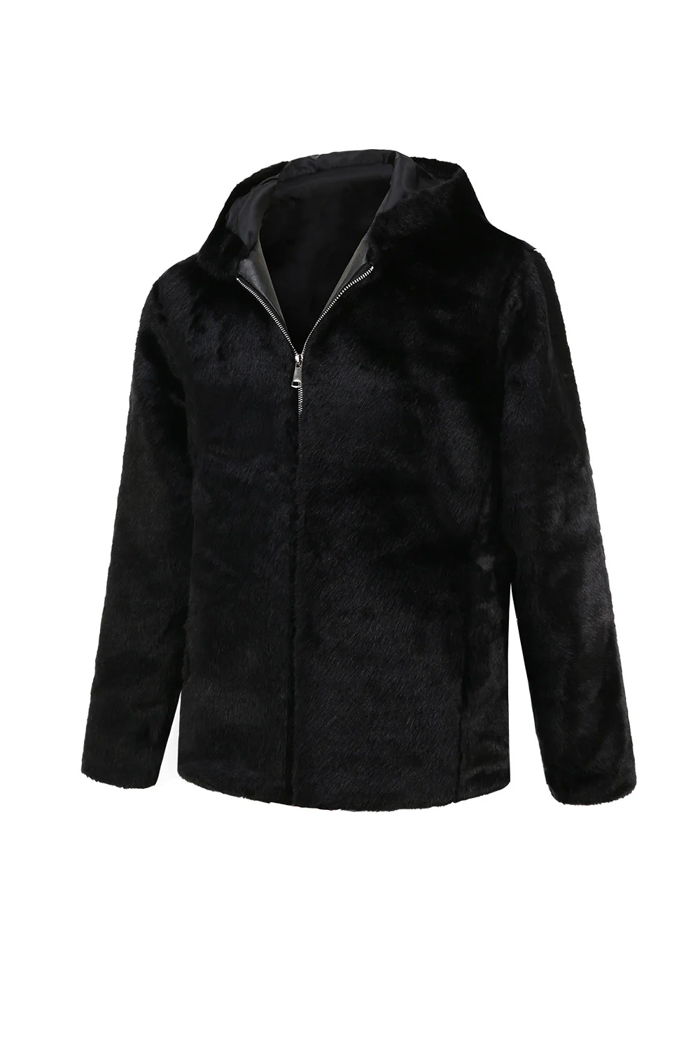 Men's Faux Fur Coat with Hood Winter Black Thickened Luxury - Image 3