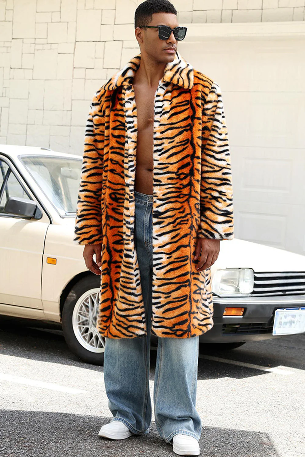 Men's Yellow Open Front Shawl Collar Long Faux Fur Coat