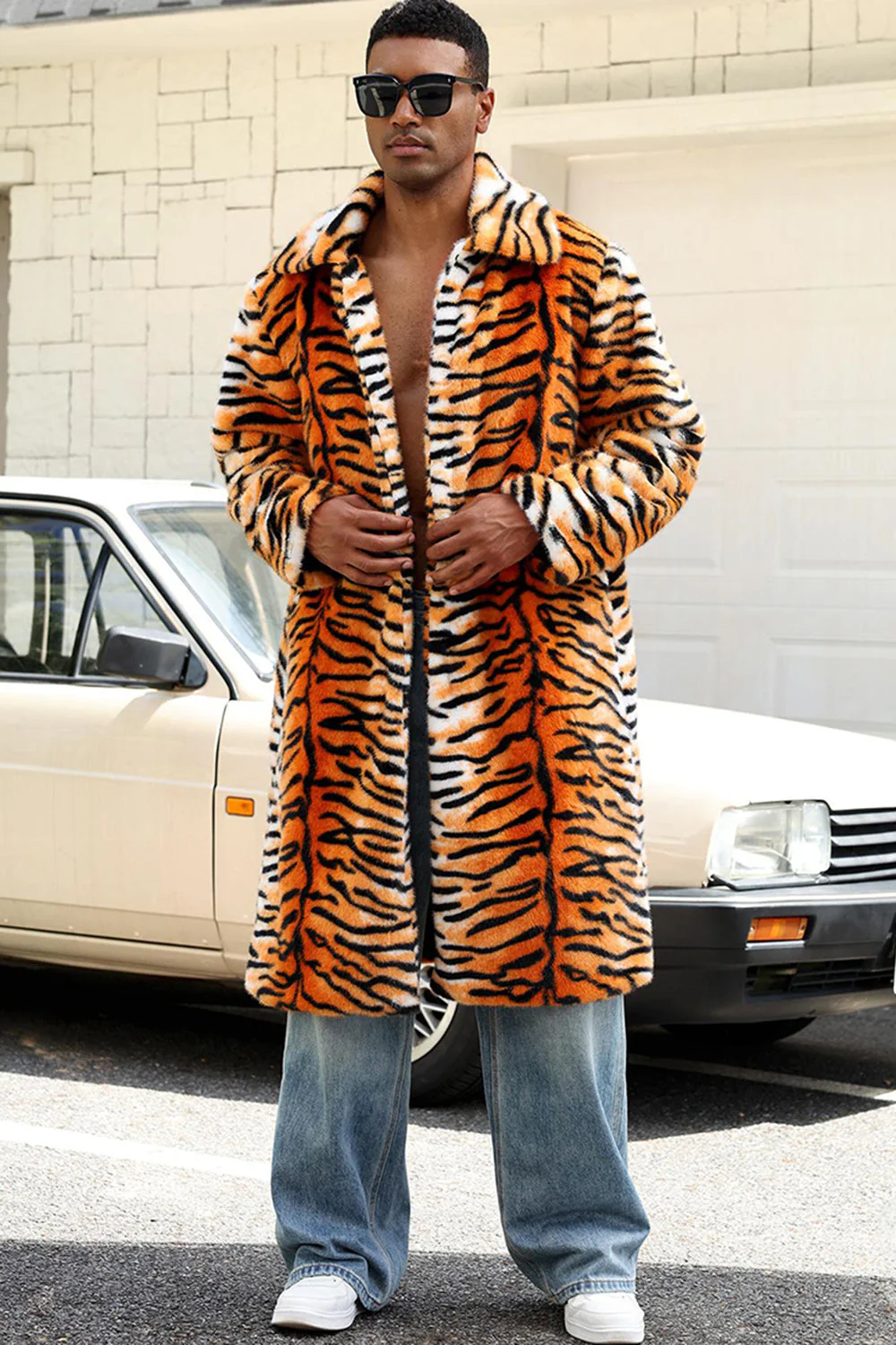 Men's Yellow Open Front Shawl Collar Long Faux Fur Coat - Image 3