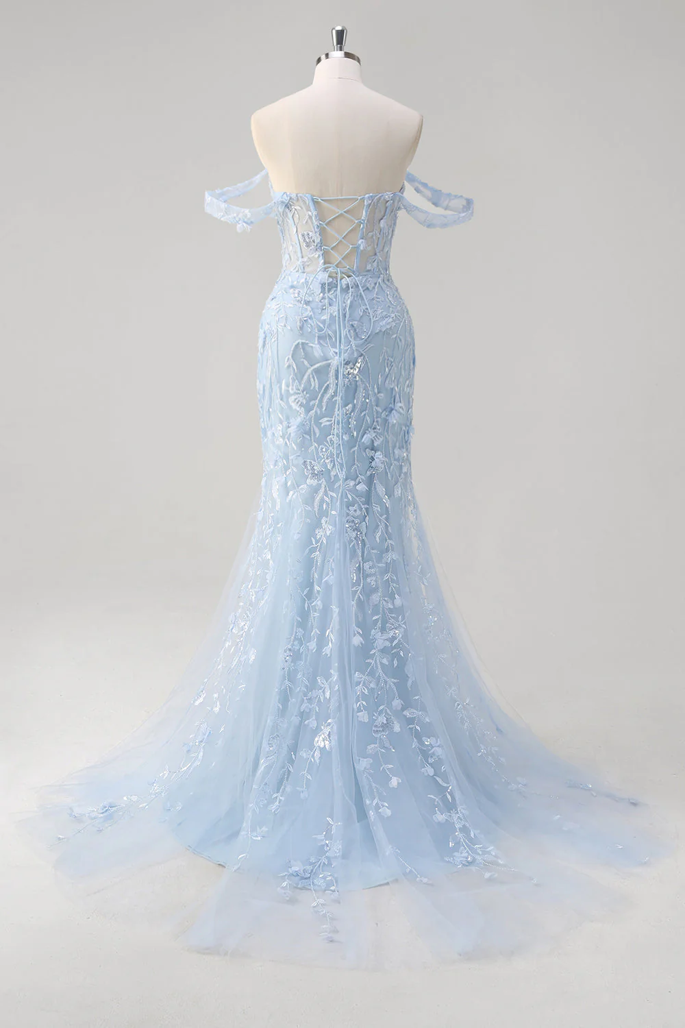 Mermaid Applique Off the Shoulder Corset Blue Prom Dress - Image 10