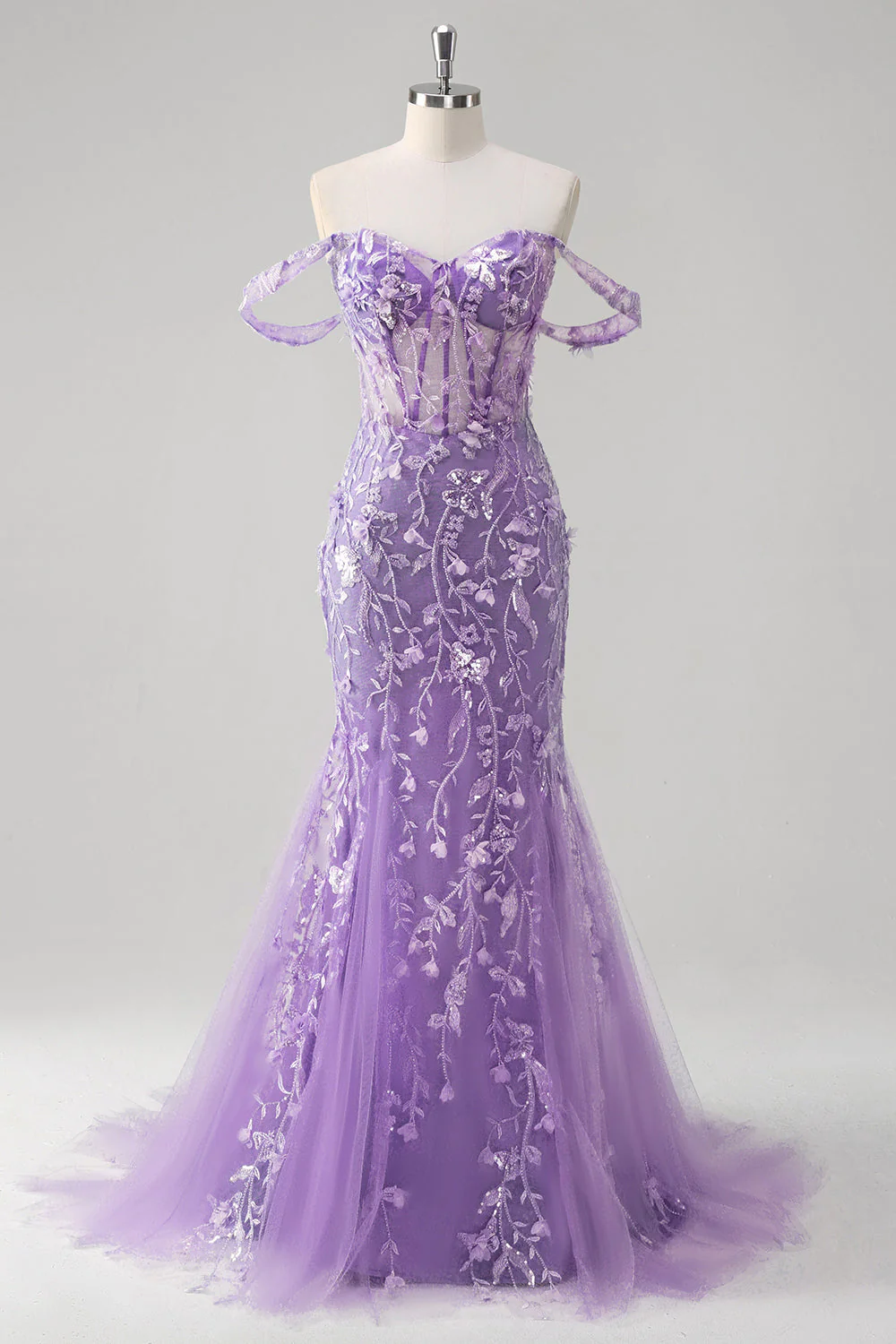 Mermaid Applique Off the Shoulder Corset Blue Prom Dress - Image 15