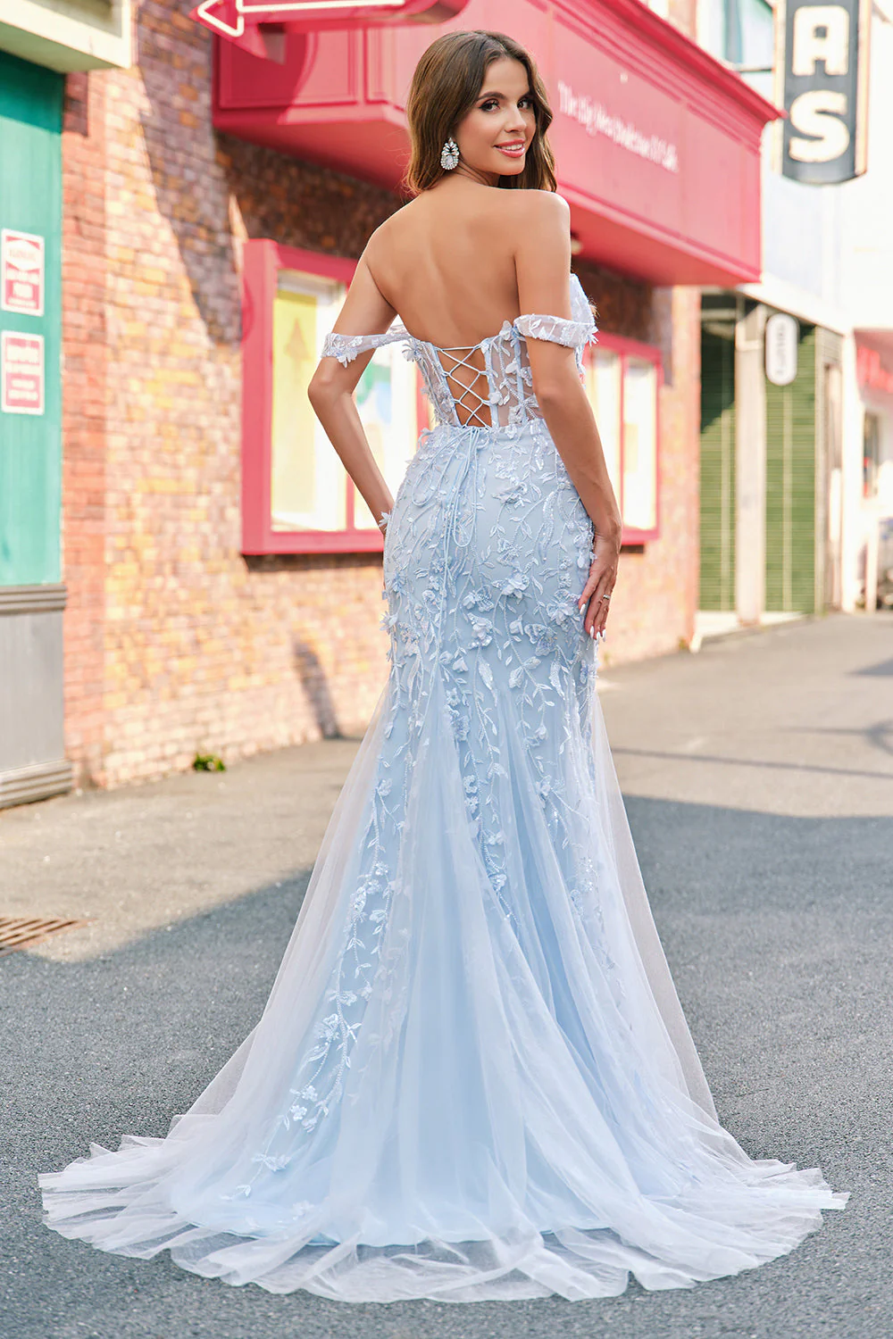 Mermaid Applique Off the Shoulder Corset Blue Prom Dress - Image 2