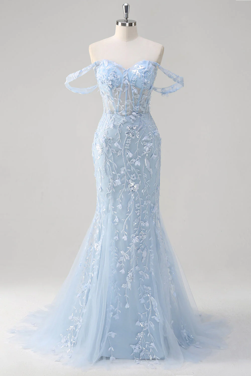 Mermaid Applique Off the Shoulder Corset Blue Prom Dress - Image 9