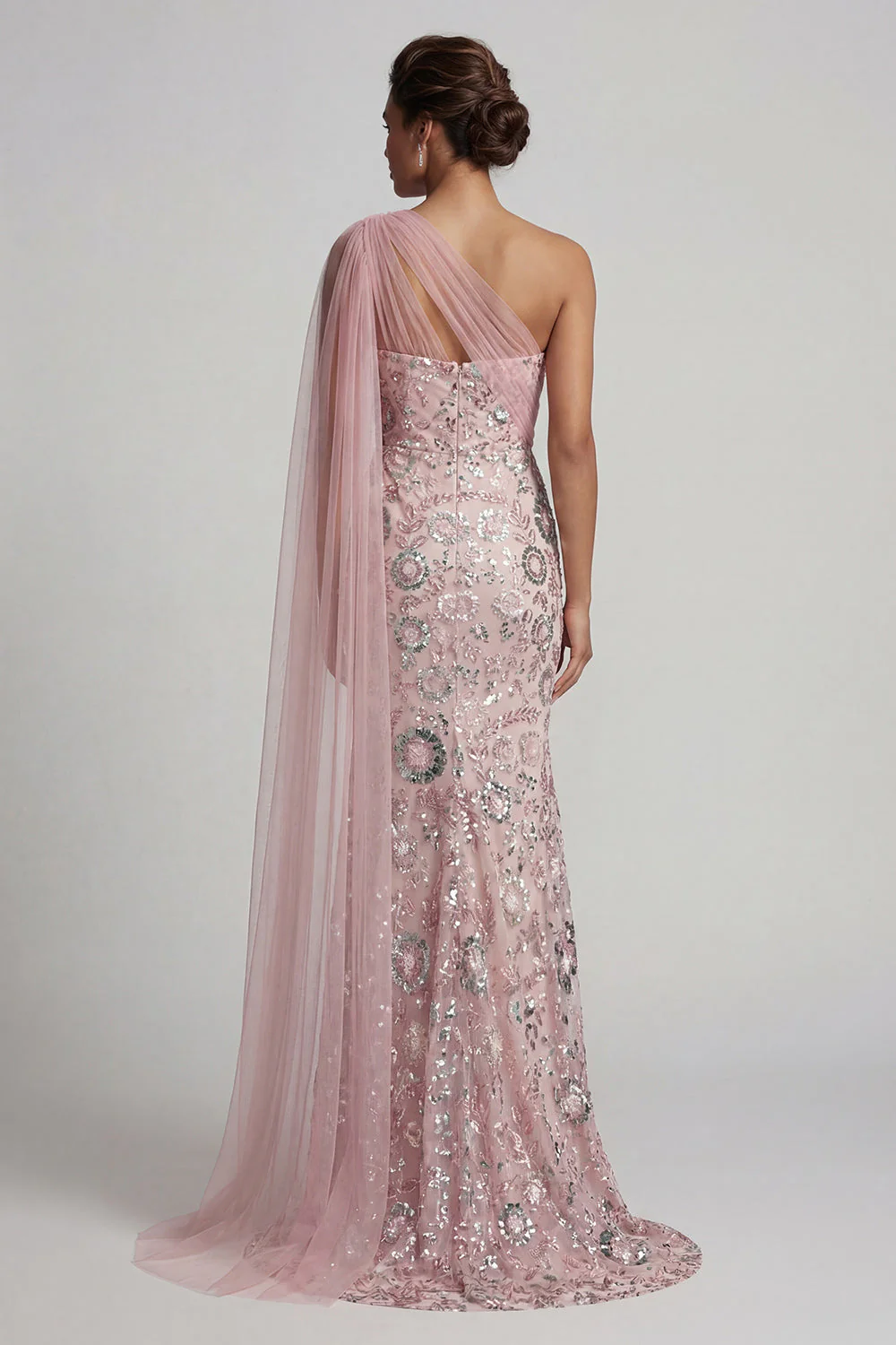 Sparkly Pink Mermaid Sequin Long Mother of the Bride Dress with Side Cape - Image 2