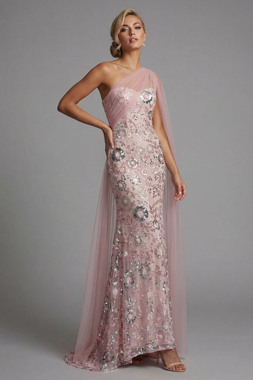 Sparkly Pink Mermaid Sequin Long Mother of the Bride Dress with Side Cape - Image 3