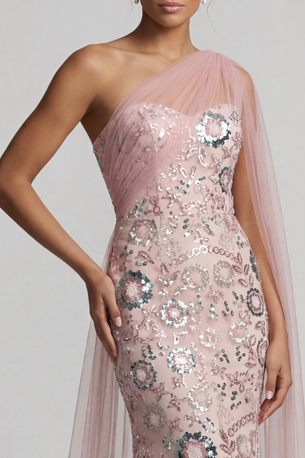 Sparkly Pink Mermaid Sequin Long Mother of the Bride Dress with Side Cape - Image 4