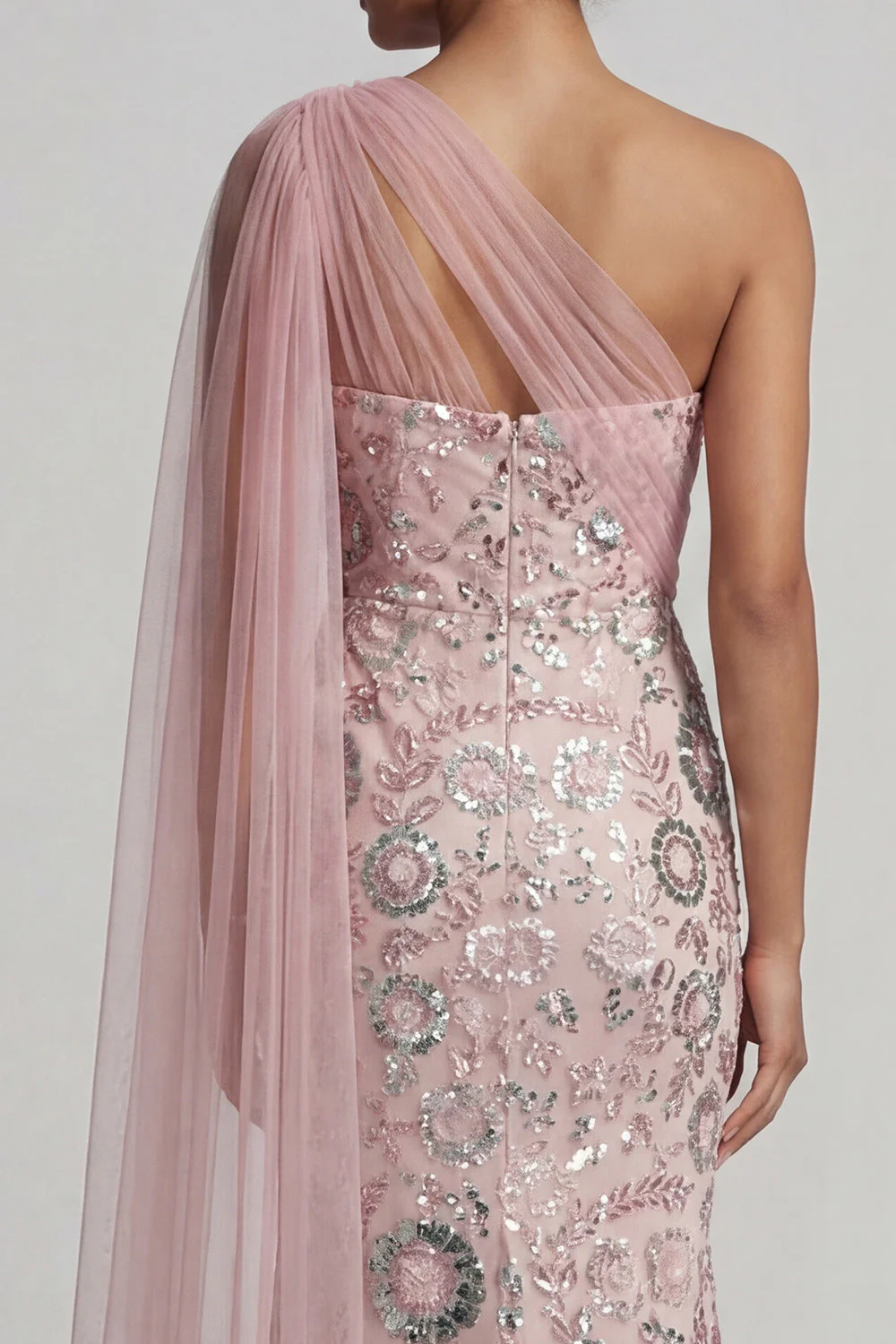 Sparkly Pink Mermaid Sequin Long Mother of the Bride Dress with Side Cape - Image 5