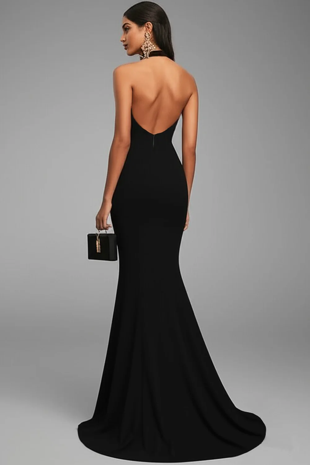 Mermaid Black Halter Satin Long Evening Dress with Slit - Image 2