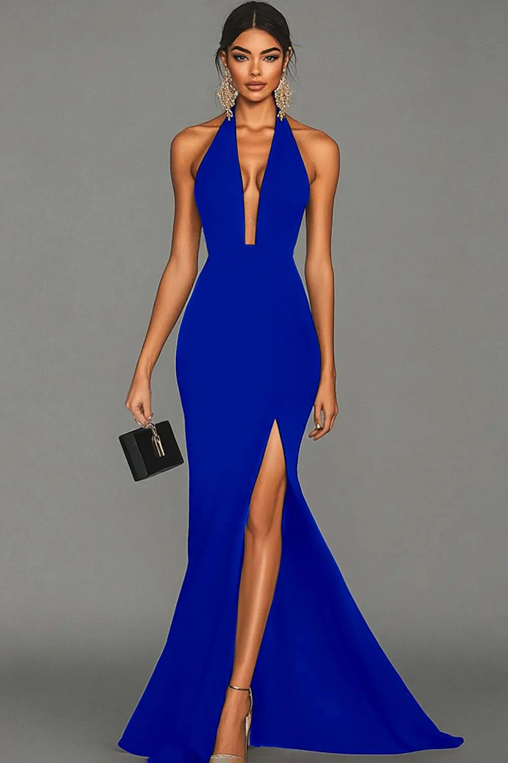 Mermaid Black Halter Satin Long Evening Dress with Slit - Image 3