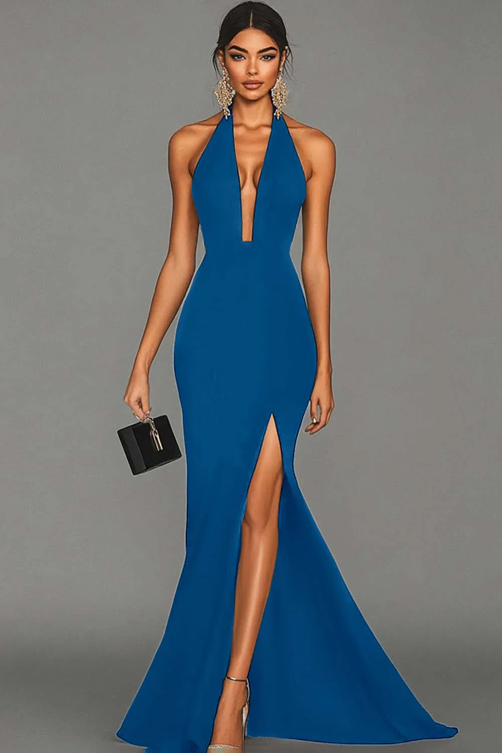 Mermaid Black Halter Satin Long Evening Dress with Slit - Image 6