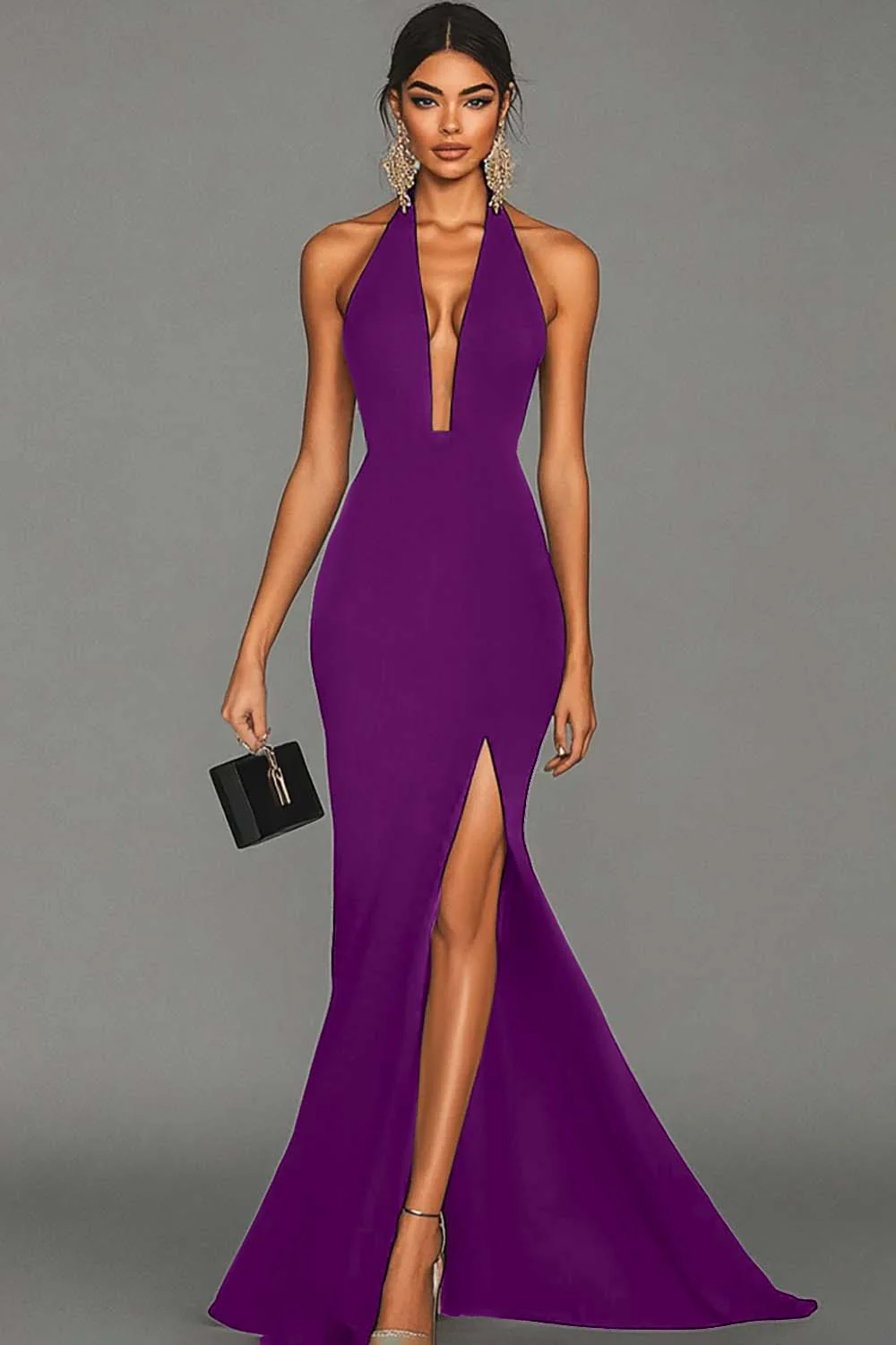 Mermaid Black Halter Satin Long Evening Dress with Slit - Image 7