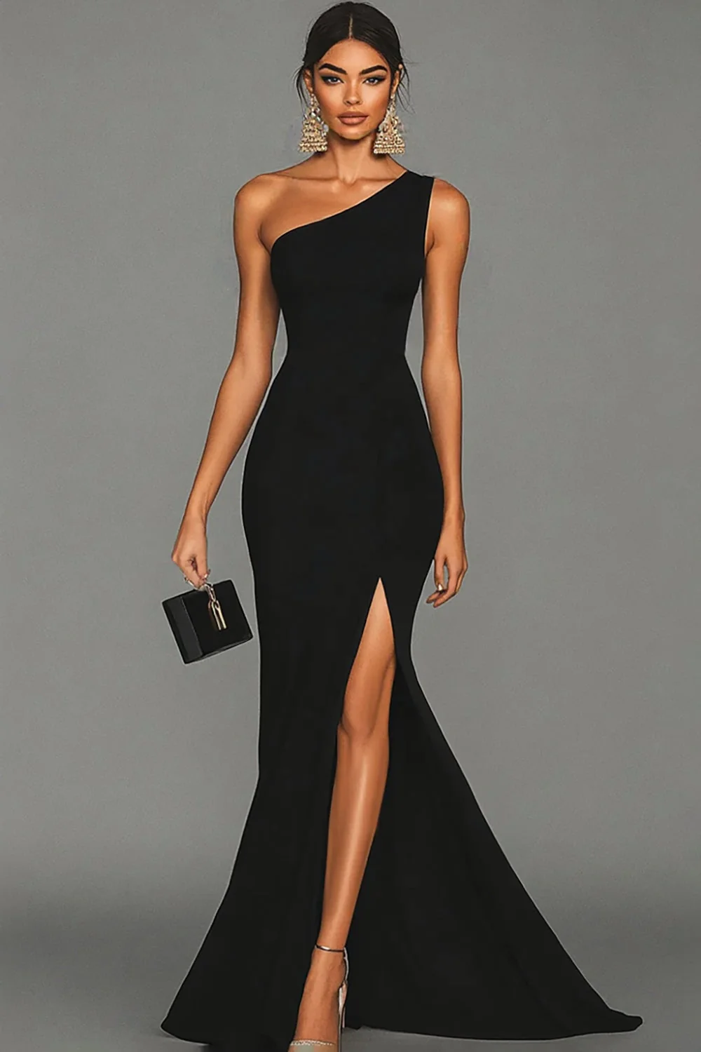 Mermaid Black One Shoulder Evening Dress with Slit