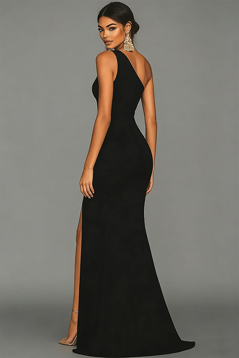 Mermaid Black One Shoulder Evening Dress with Slit - Image 2
