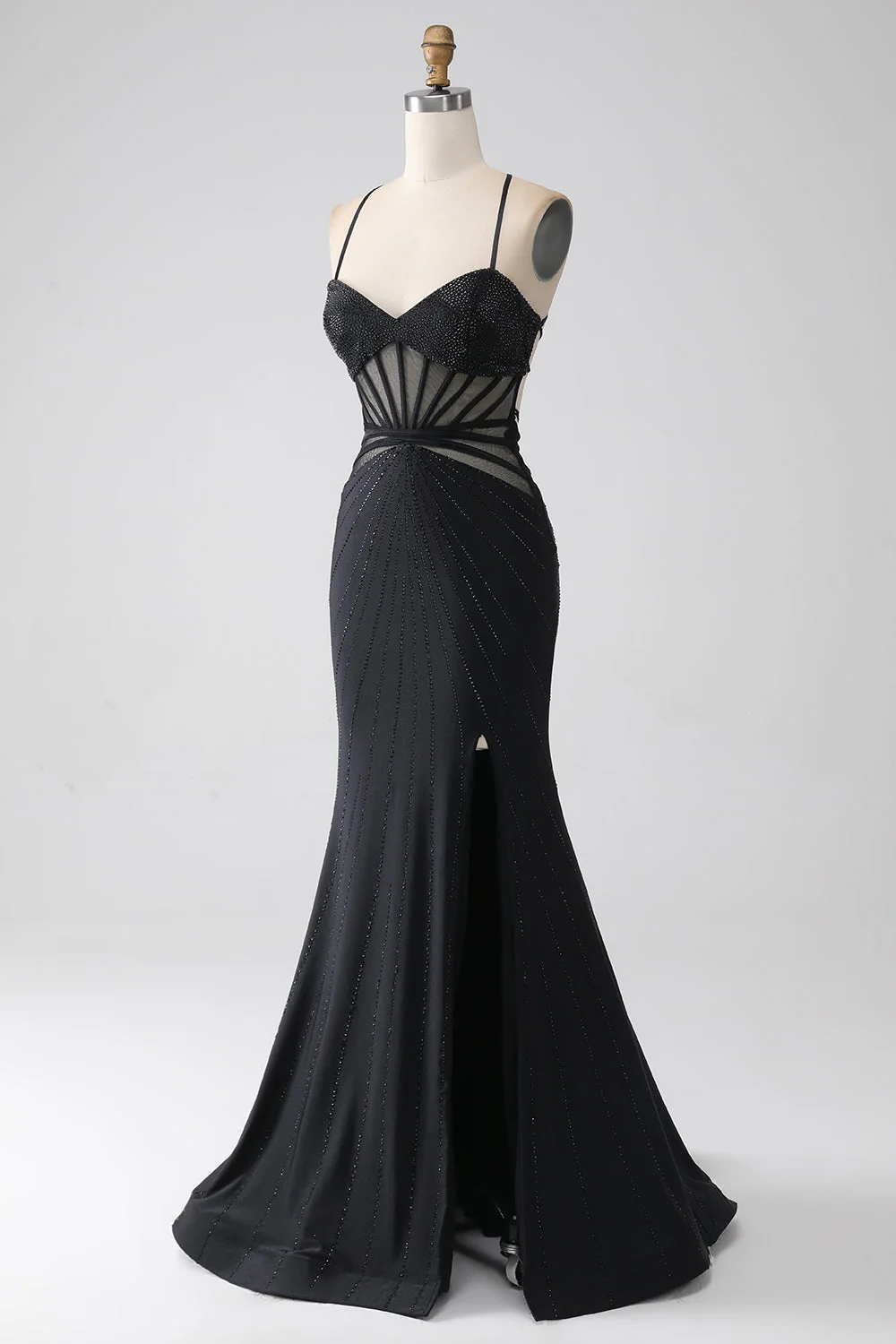 Mermaid Black Spaghetti Straps Long Prom Dress with Slit - Image 3