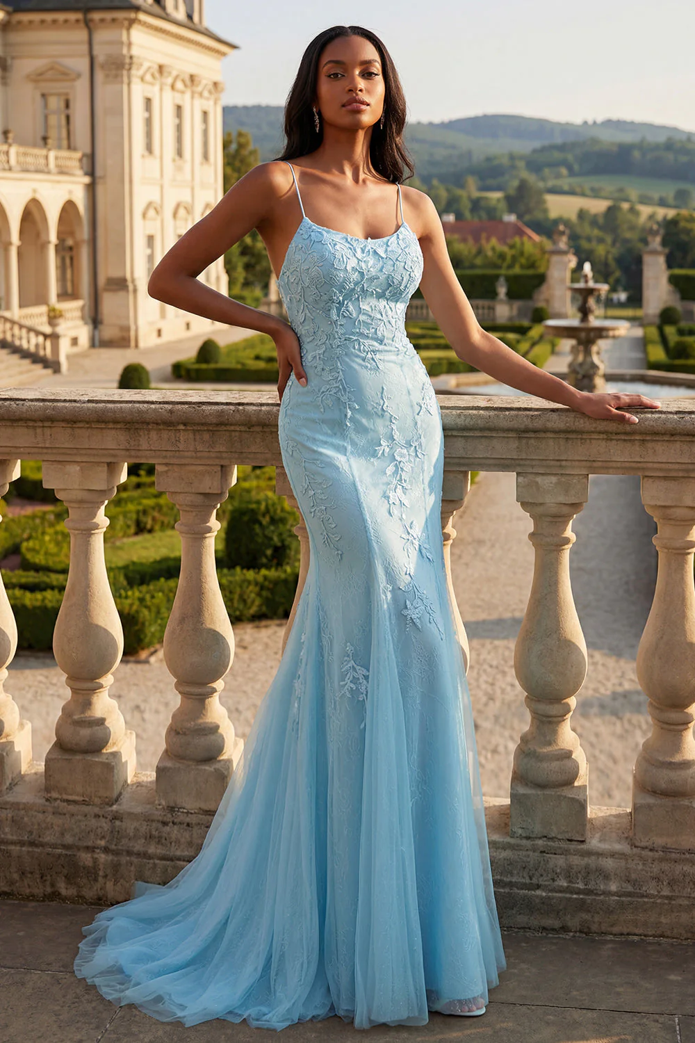 Mermaid Blue Spaghetti Straps Long Prom Dress with Lace Up Back