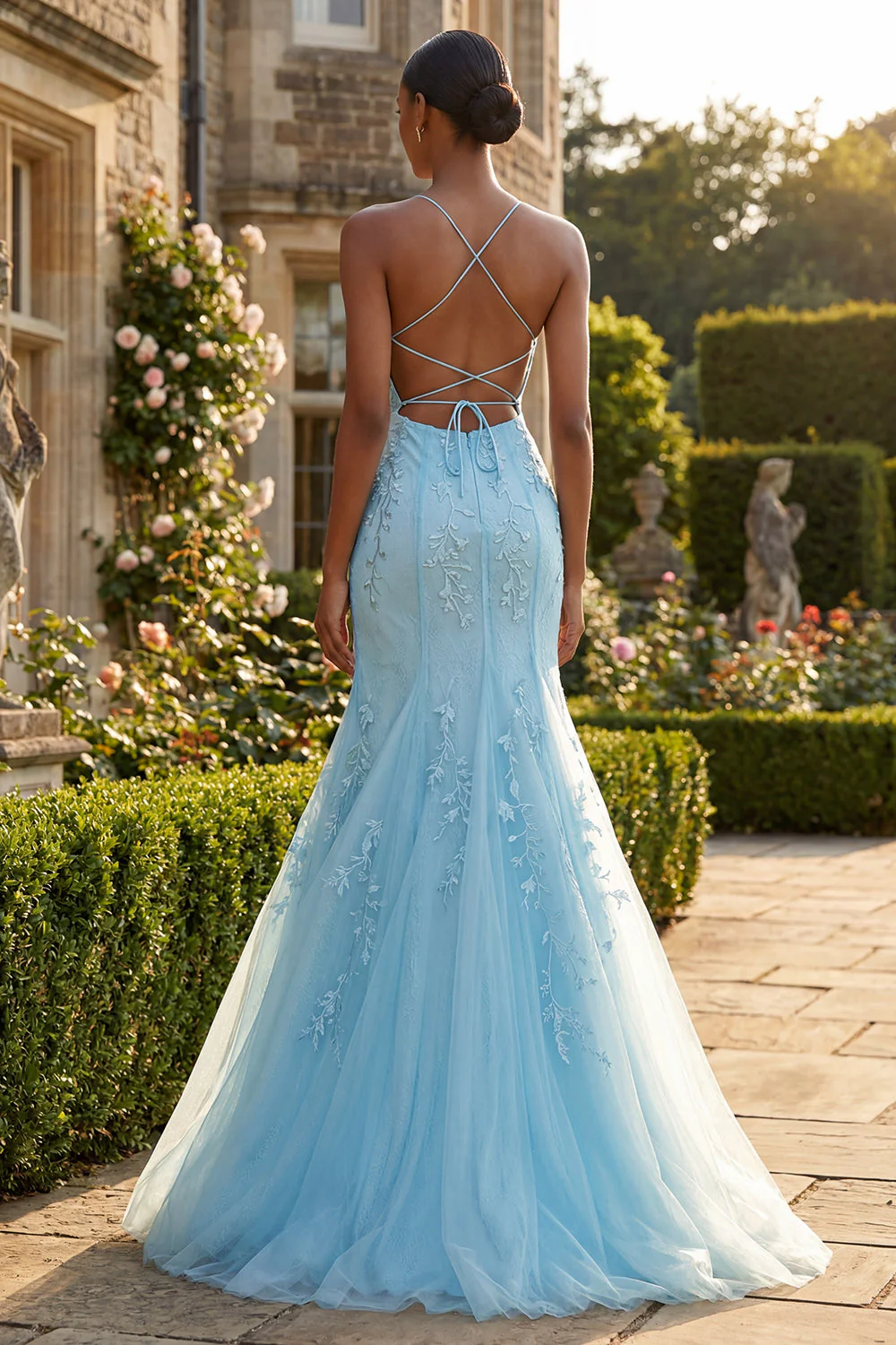 Mermaid Blue Spaghetti Straps Long Prom Dress with Lace Up Back - Image 2