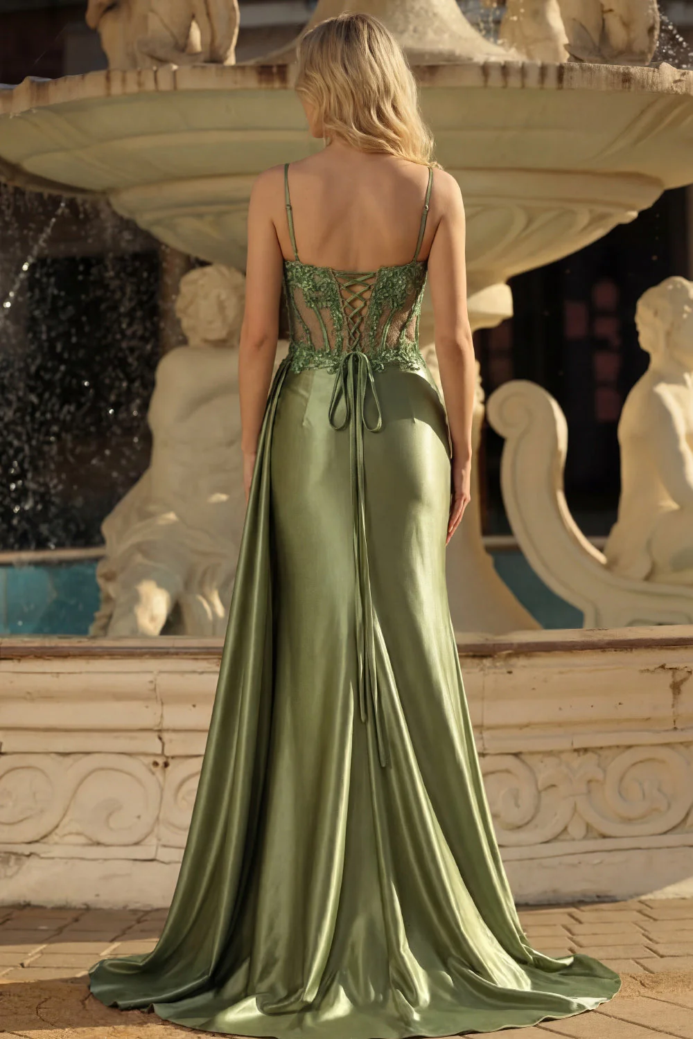 Grass Green Beaded Sheer Corset Mermaid Long Prom Dress with Slit - Image 2