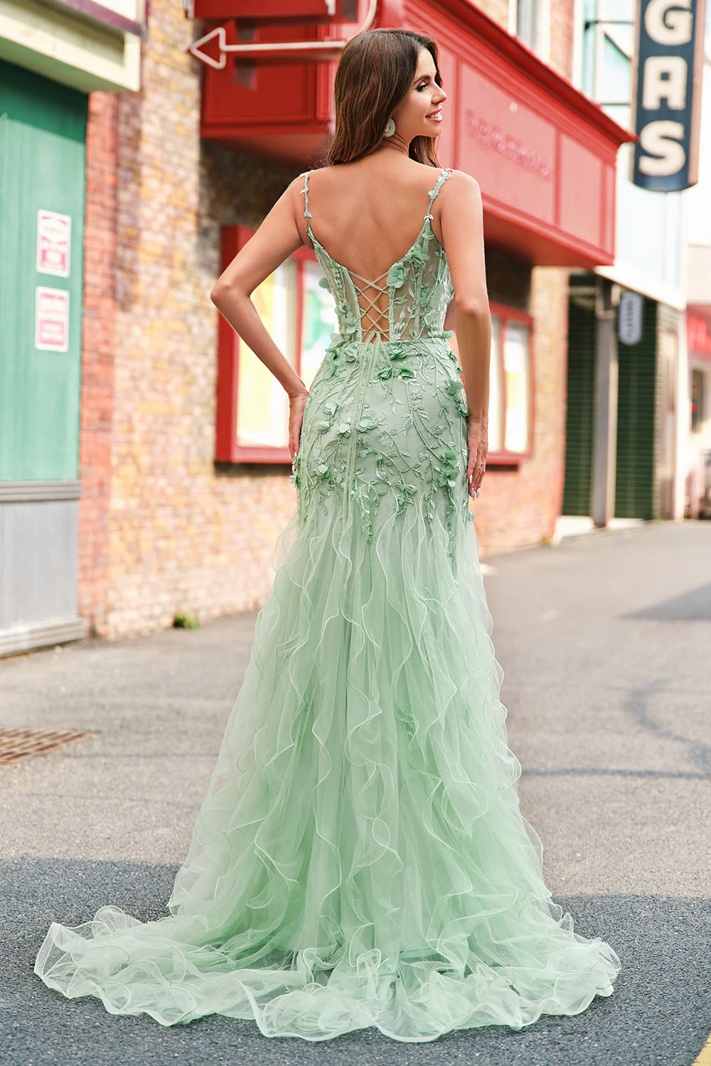 Mermaid Green Corset Spaghetti Straps Long Prom Dress with 3D Flowers - Image 2