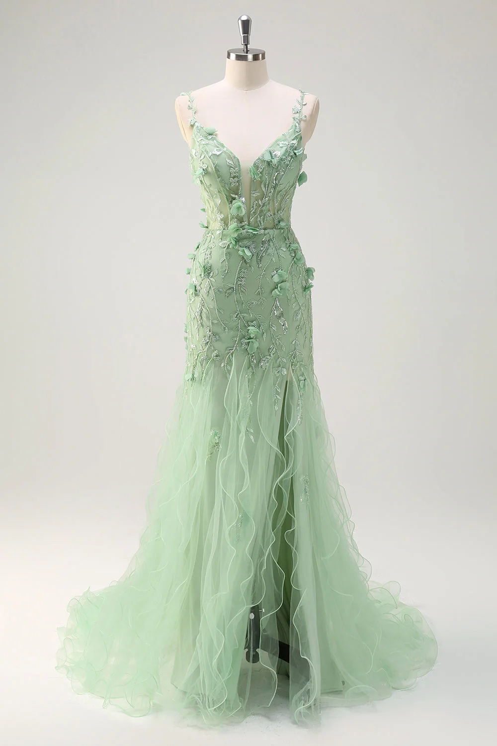 Mermaid Green Corset Spaghetti Straps Long Prom Dress with 3D Flowers - Image 3