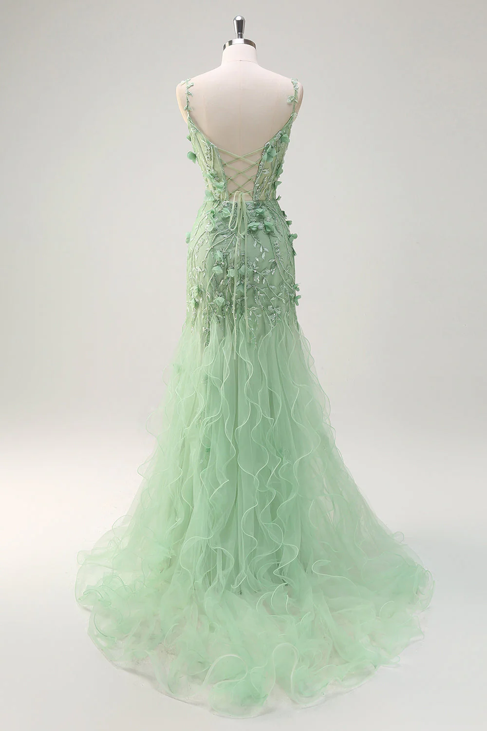 Mermaid Green Corset Spaghetti Straps Long Prom Dress with 3D Flowers - Image 4