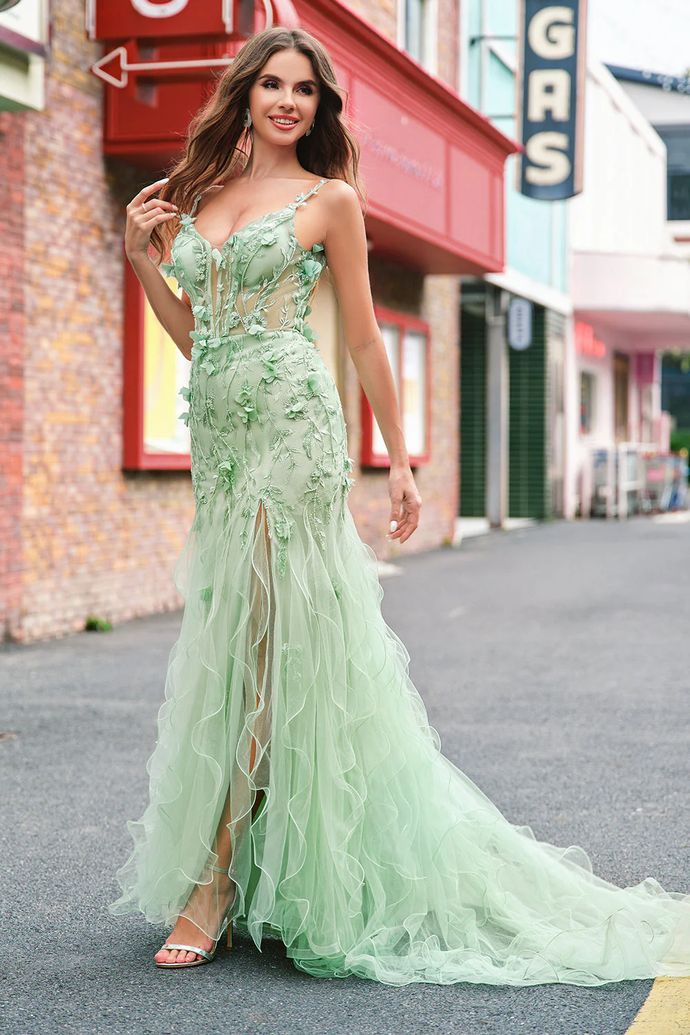 Mermaid Green Corset Spaghetti Straps Long Prom Dress with 3D Flowers - Image 7