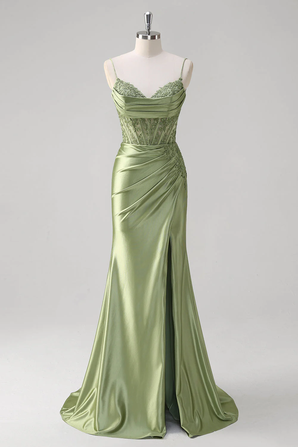 Mermaid Green Corset Spaghetti Straps Pleated Prom Dress - Image 6