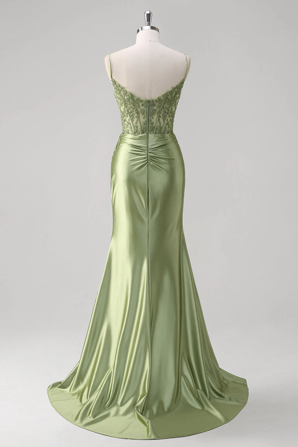 Mermaid Green Corset Spaghetti Straps Pleated Prom Dress - Image 7