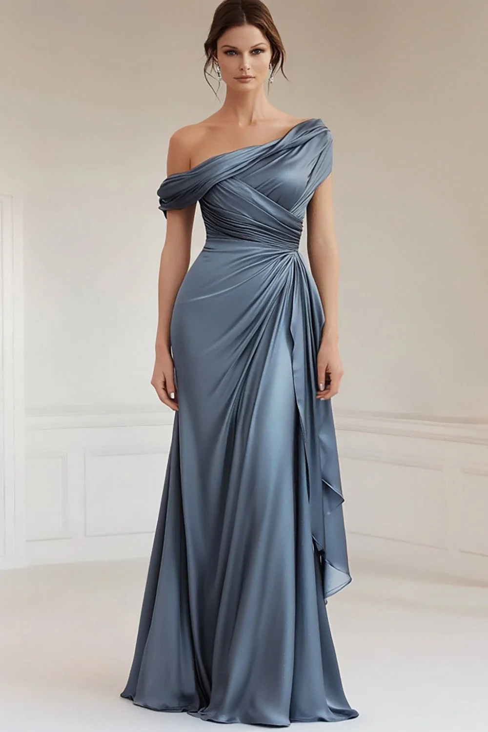 Grey Blue One Shoulder Satin Ruched Evening Dress with Ruffles