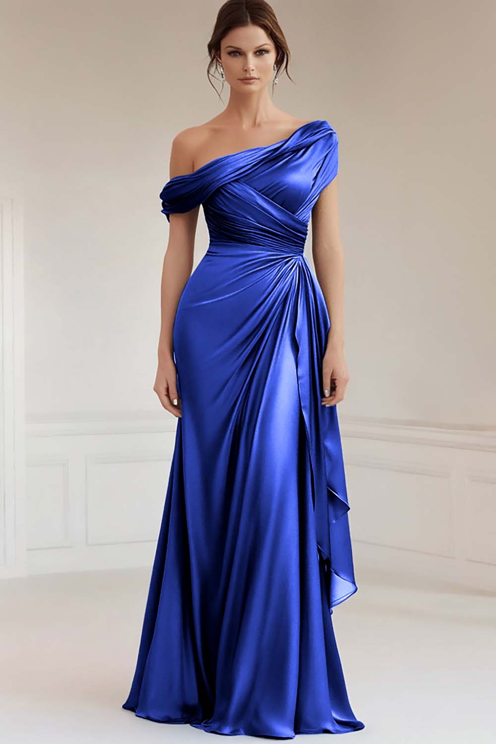 Grey Blue One Shoulder Satin Ruched Evening Dress with Ruffles - Image 10