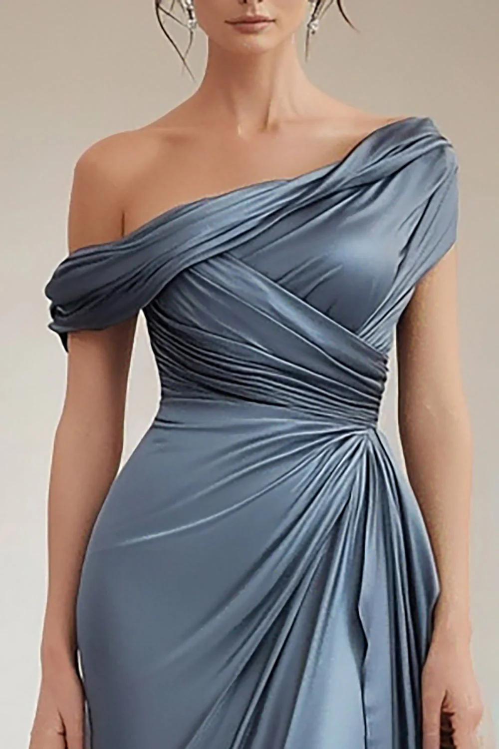 Grey Blue One Shoulder Satin Ruched Evening Dress with Ruffles - Image 2