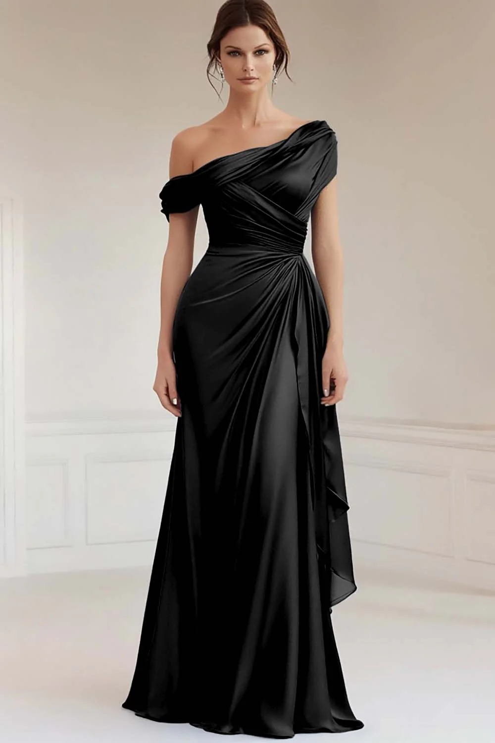 Grey Blue One Shoulder Satin Ruched Evening Dress with Ruffles - Image 3