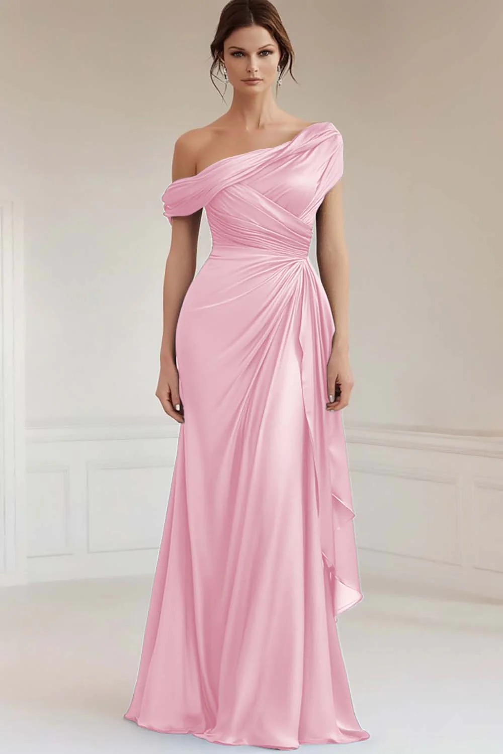 Grey Blue One Shoulder Satin Ruched Evening Dress with Ruffles - Image 4