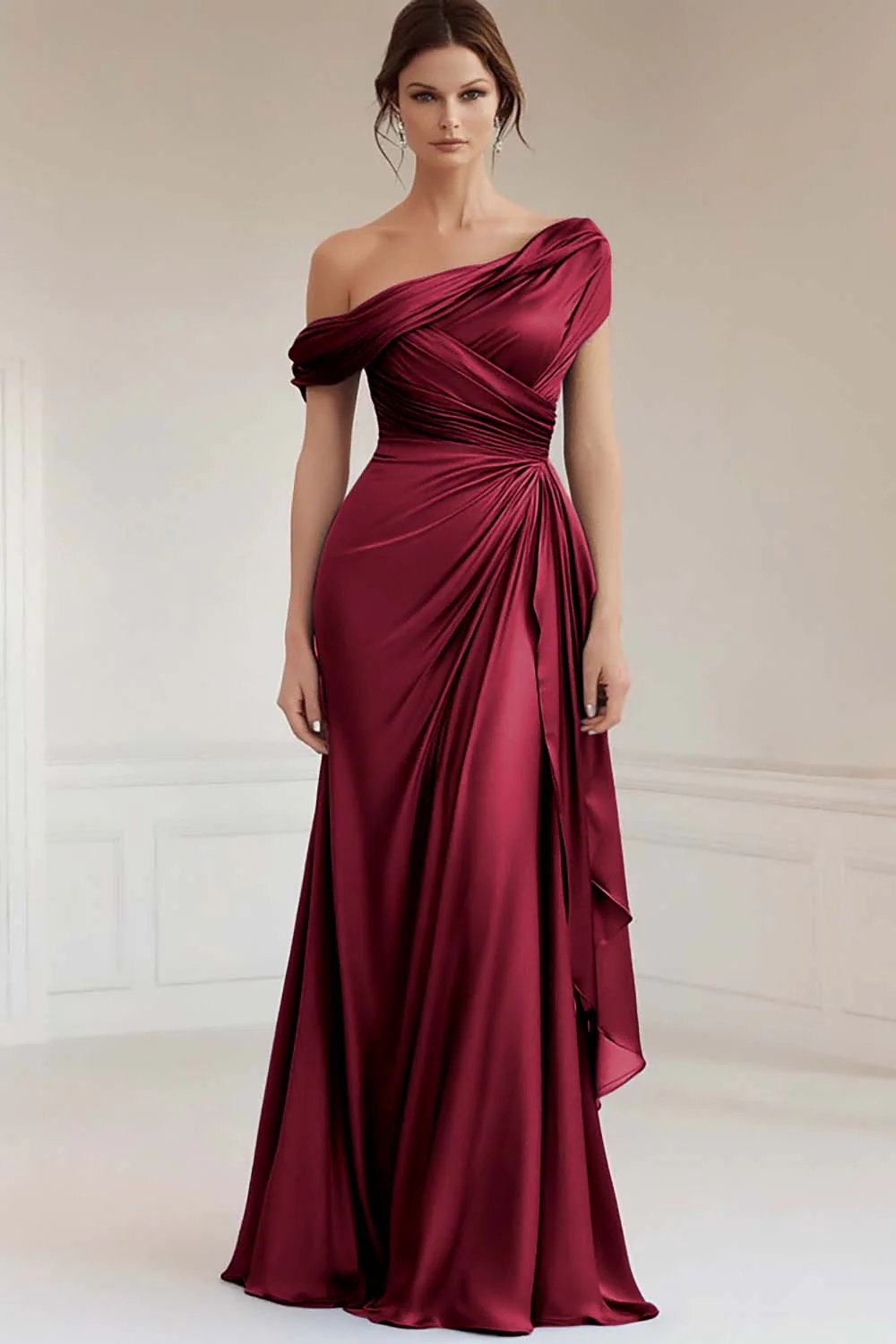 Grey Blue One Shoulder Satin Ruched Evening Dress with Ruffles - Image 5